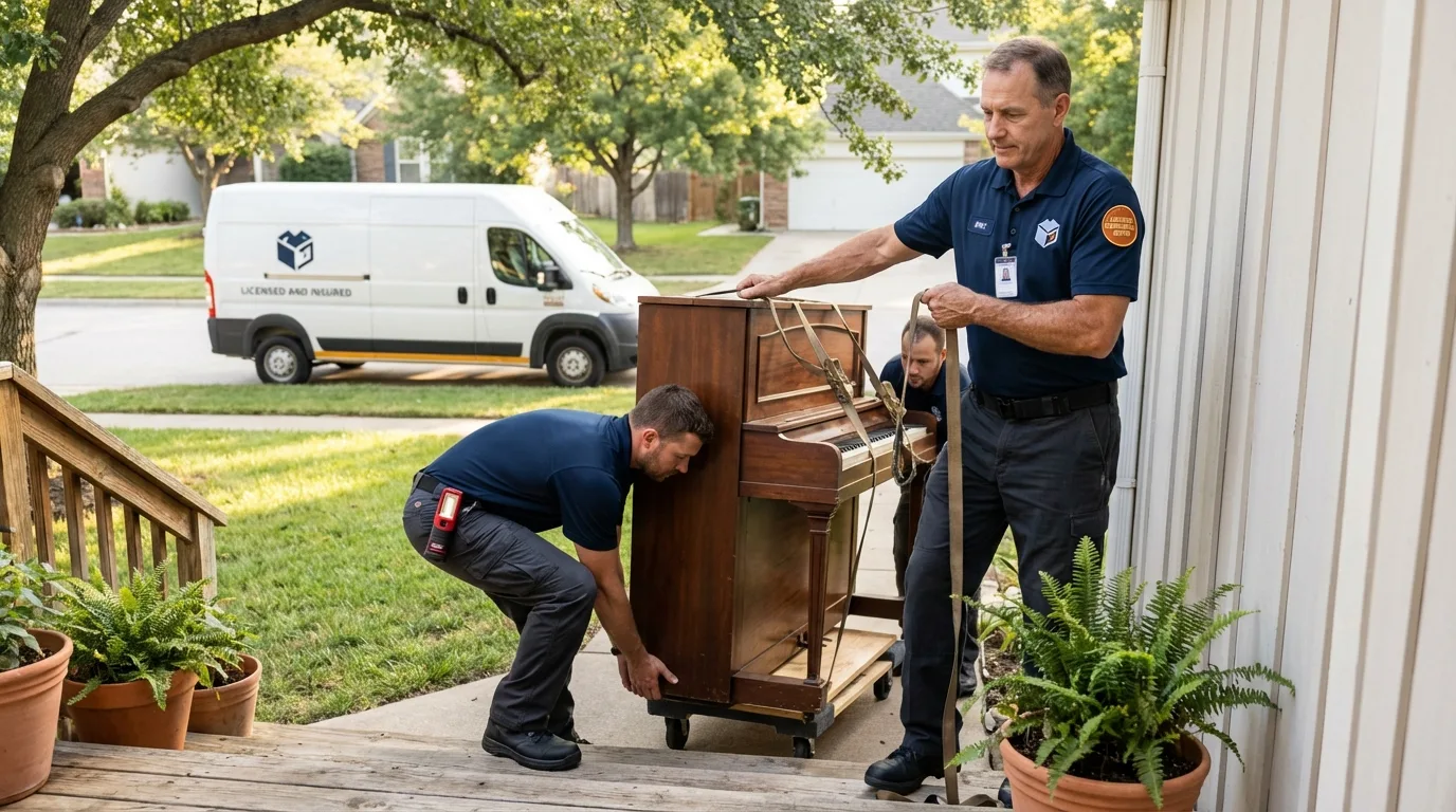 Licensed piano movers securing grand piano in Toledo, IA