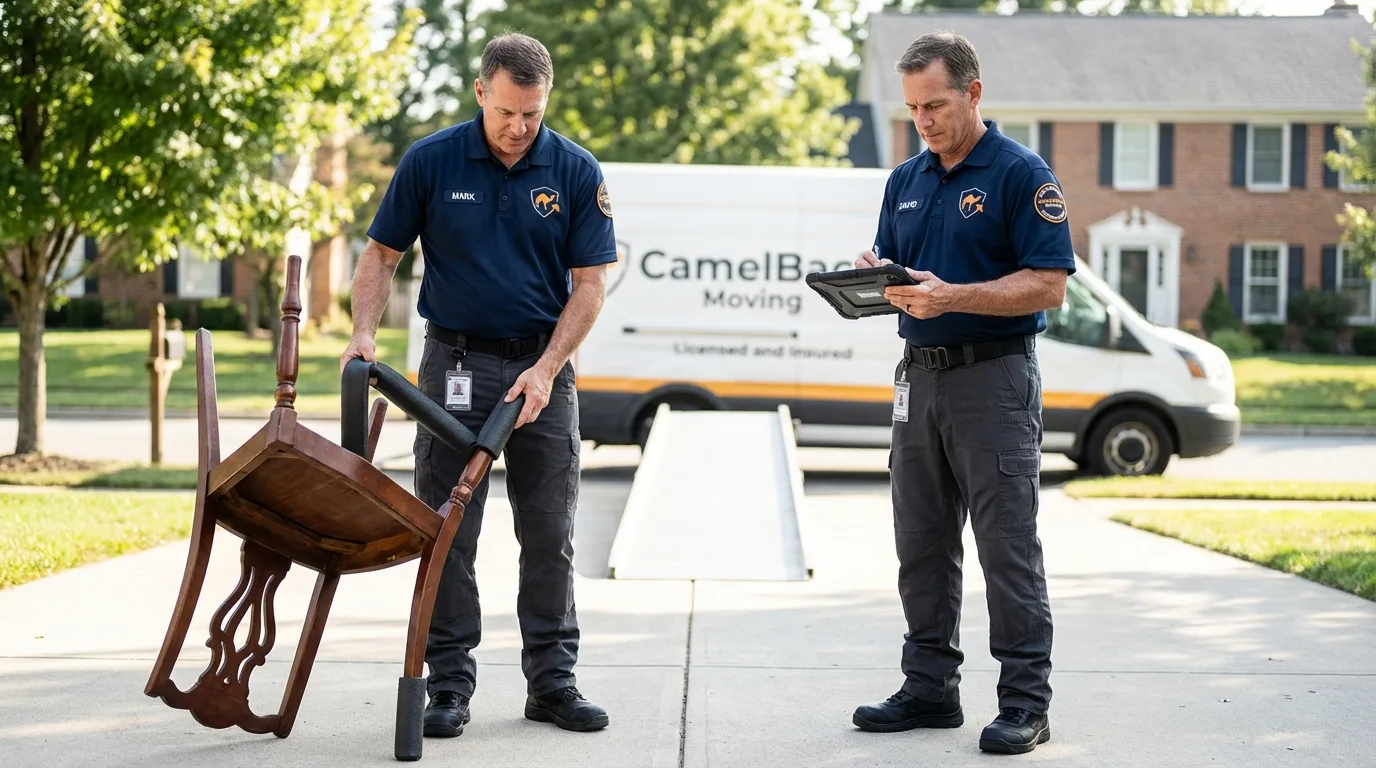Movers inspecting furniture for damage prevention before loading in Toledo, IA