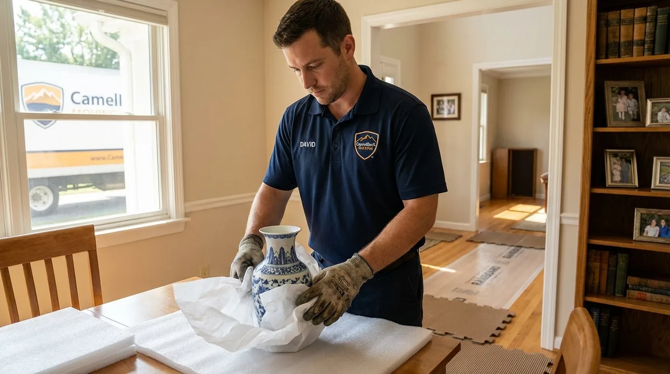 Professional crew carefully wrapping antique vase for senior downsizing move in Toledo, IA